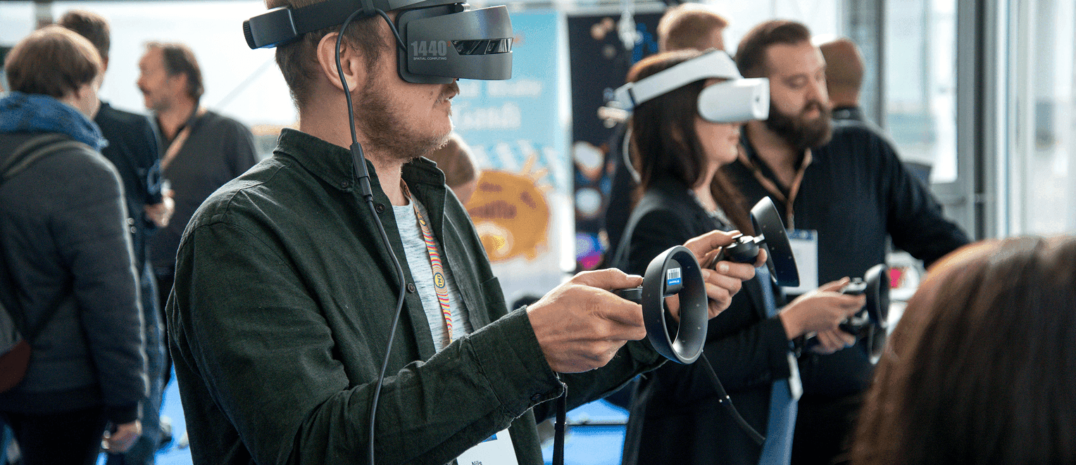 A man testing a virtual reality headset