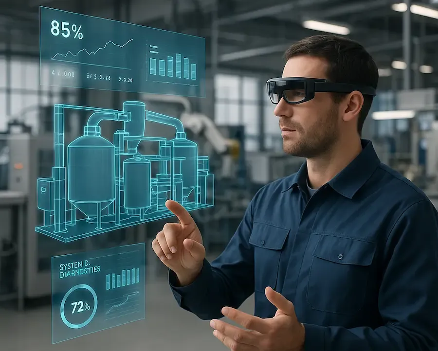Arbeiter nutzt Augmented Reality für industrielle Anlage